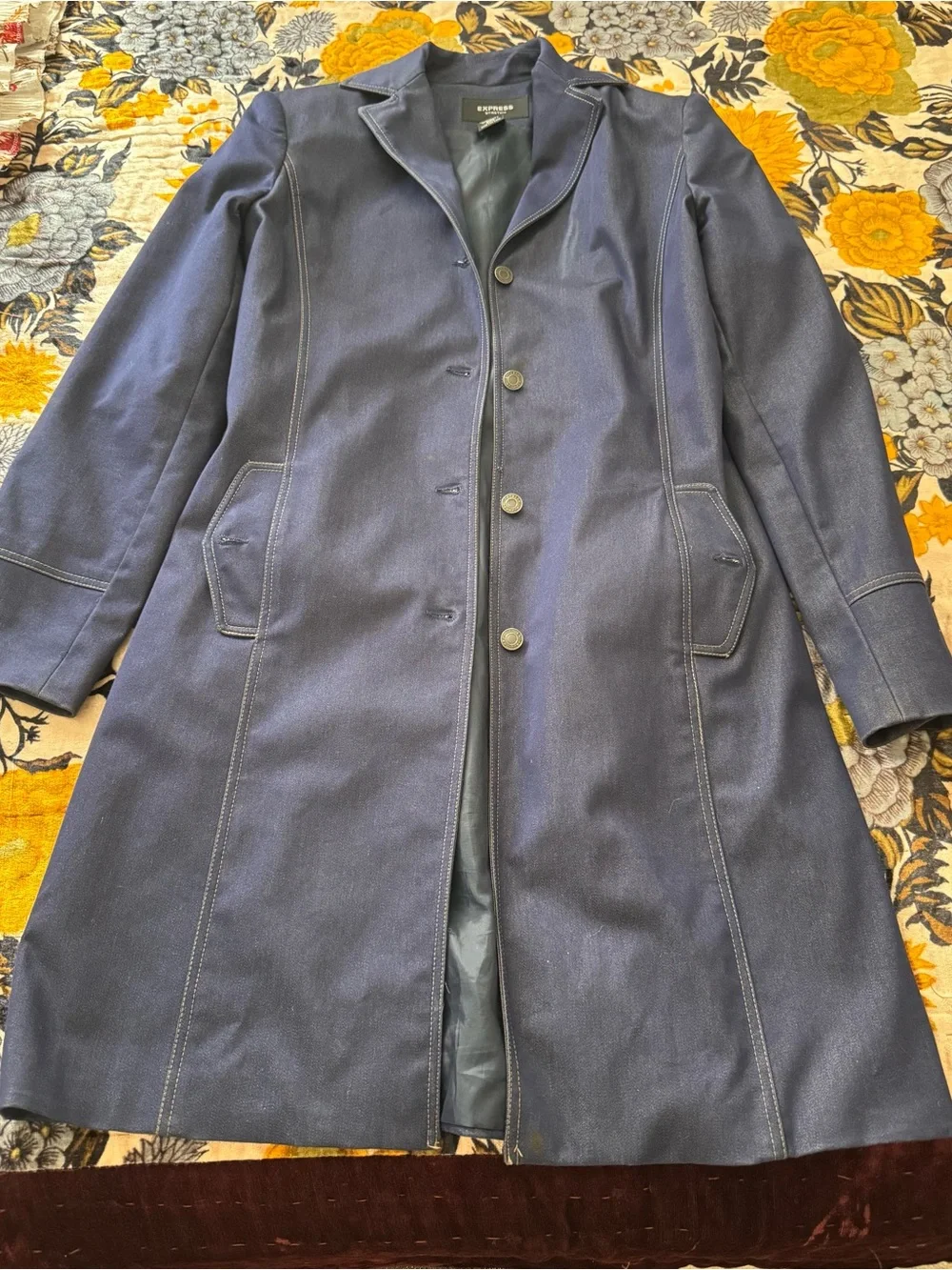 NWOT Express Dark Navy Long Coat with Contrast Topstitch Size 3/4